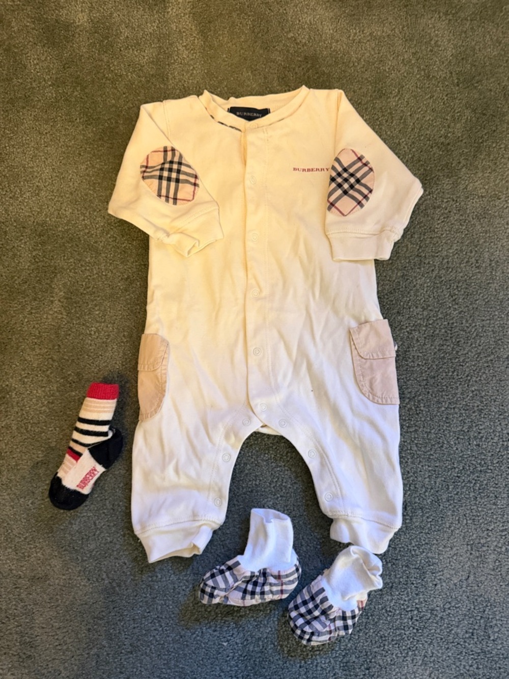 Burberry Cream Baby Footed One-Piece with Check Patches